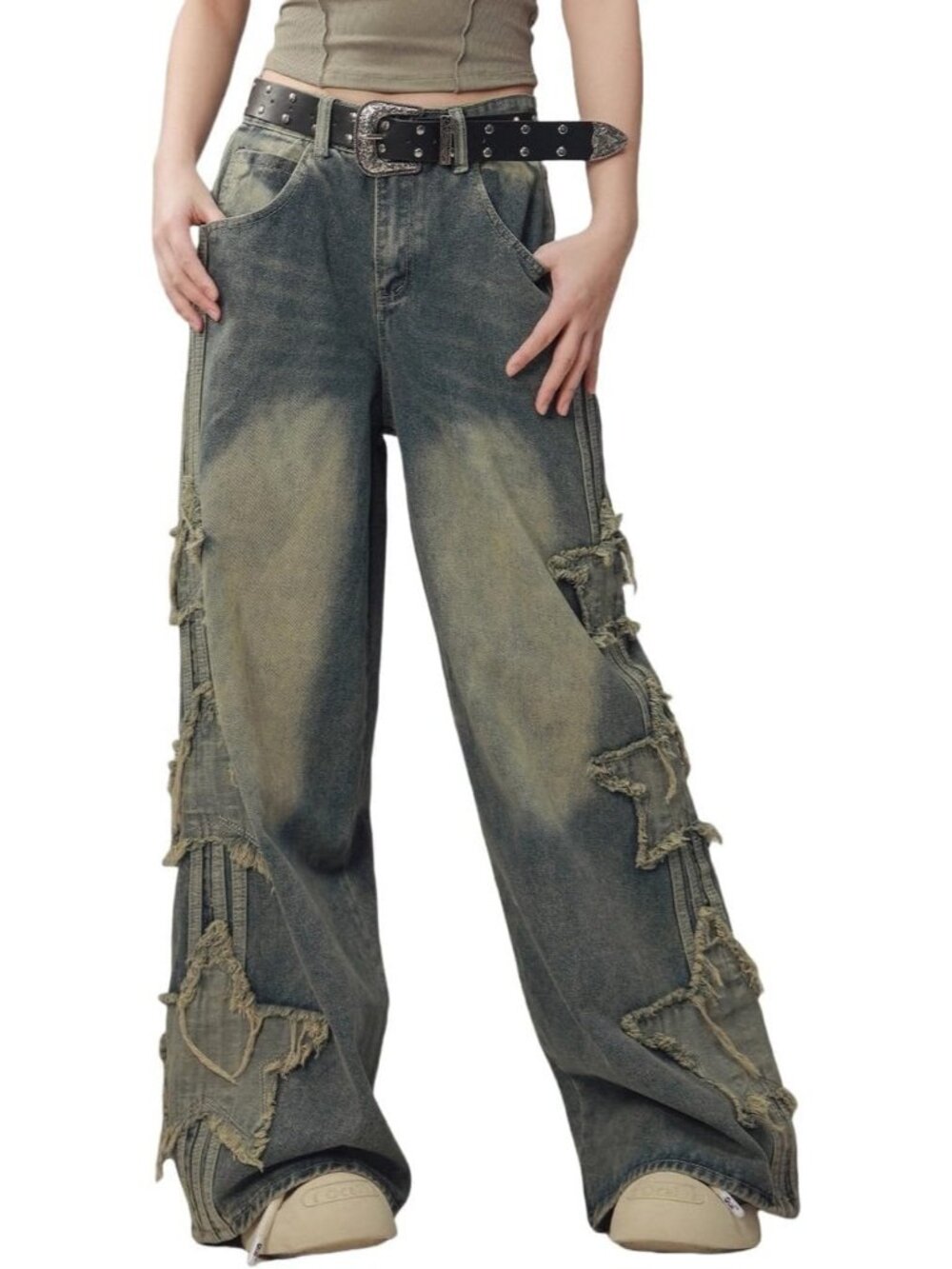 Women Blue Denim Star Print Y2k Pull On Wide Leg High Rise Waisted Baggy Jeans